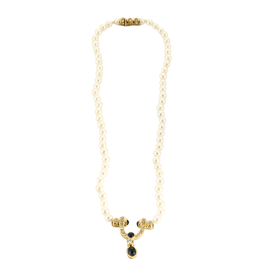 COLLIER DE PERLES, OR DIAMANTS ET SAPHIRS