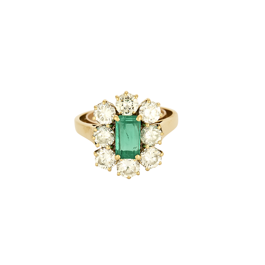 BAGUE MARGUERITE OR JAUNE, EMERAUDE ET DIAMANTS
